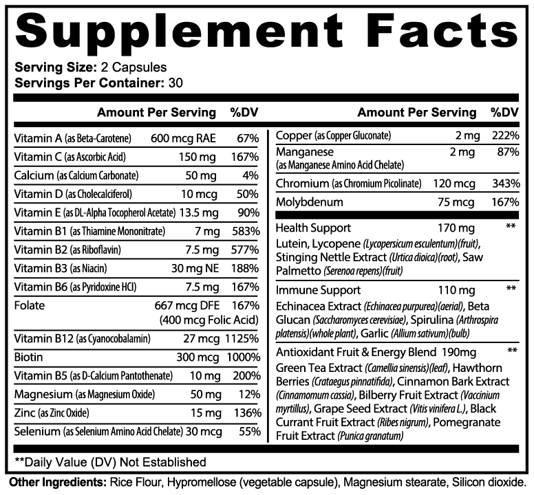 Nutridity Complete Multivitamin for Men & Women, 60 Capsules – Daily Multivitamin Supplement with Vitamin B Complex, Zinc & Calcium, plus Antioxidant Fruit, Immune & Prostate Support Blends – Made in USA